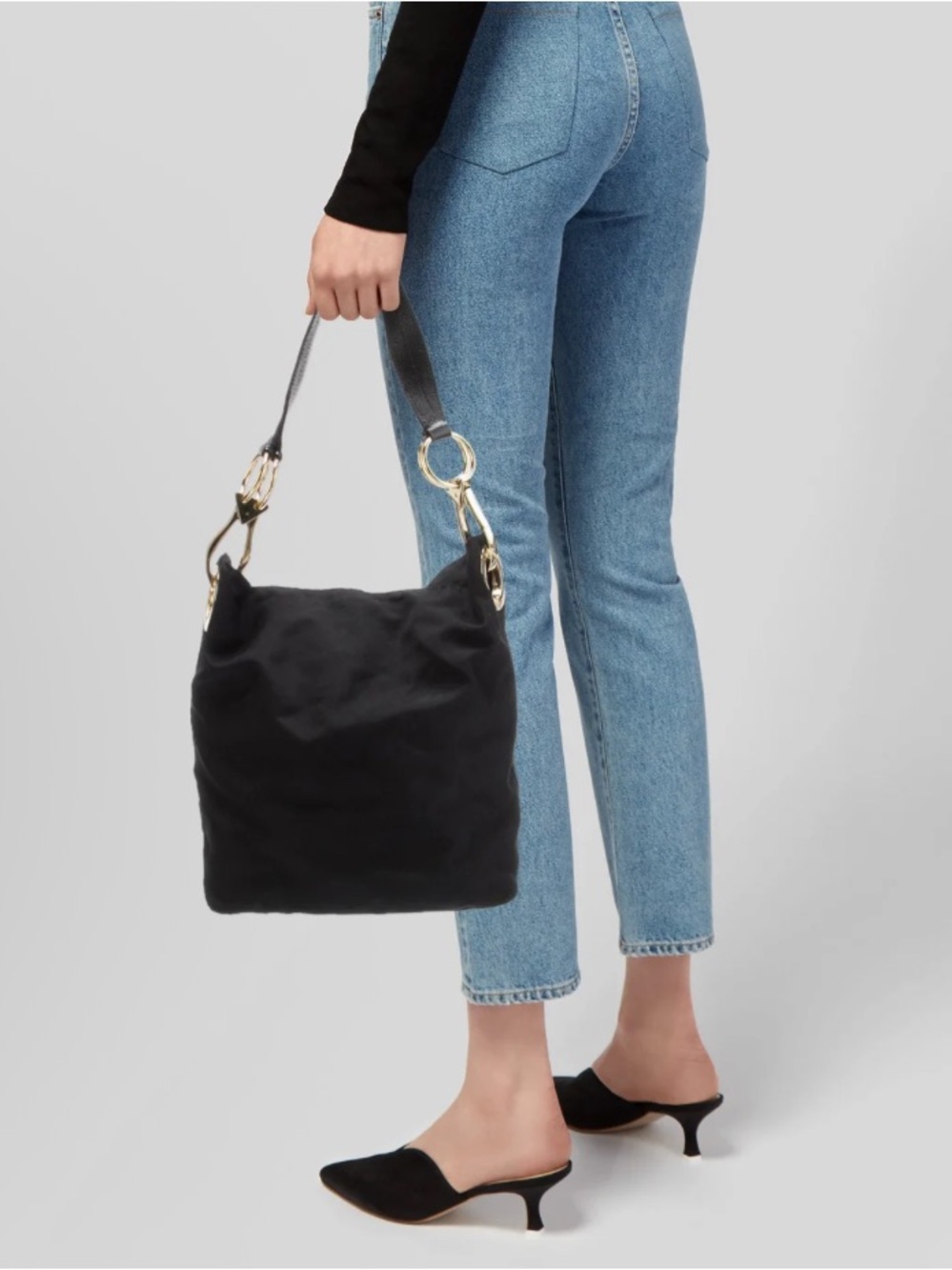 Black Shoulder Tote with Gold Ring Hardware